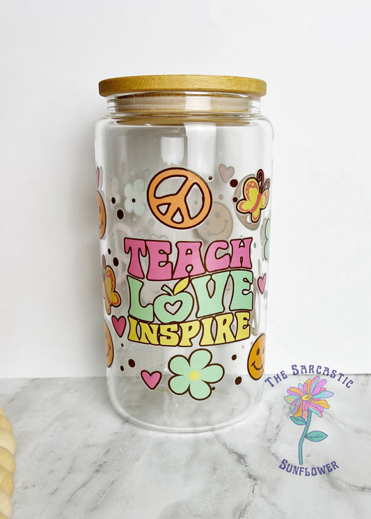 Retro Teach Love Inspire 16 oz Glass Tumbler