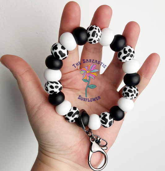 Black And White Cow Silicone Bead Wristlet Keychain
