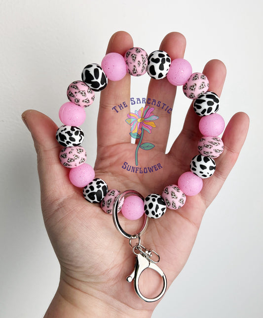 Cow Hearts Silicone Bead Wristlet Keychain
